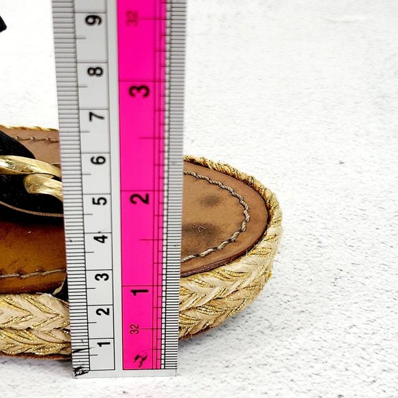 KATE SPADE Wedge Black Leather Espadrilles Sandals 8 Gold Chain Open Toe - Picture 8 of 14